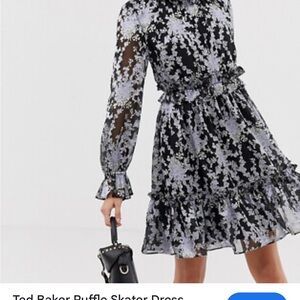 Ted Baker Black and Gray Ruffle Skater Dress Size 2